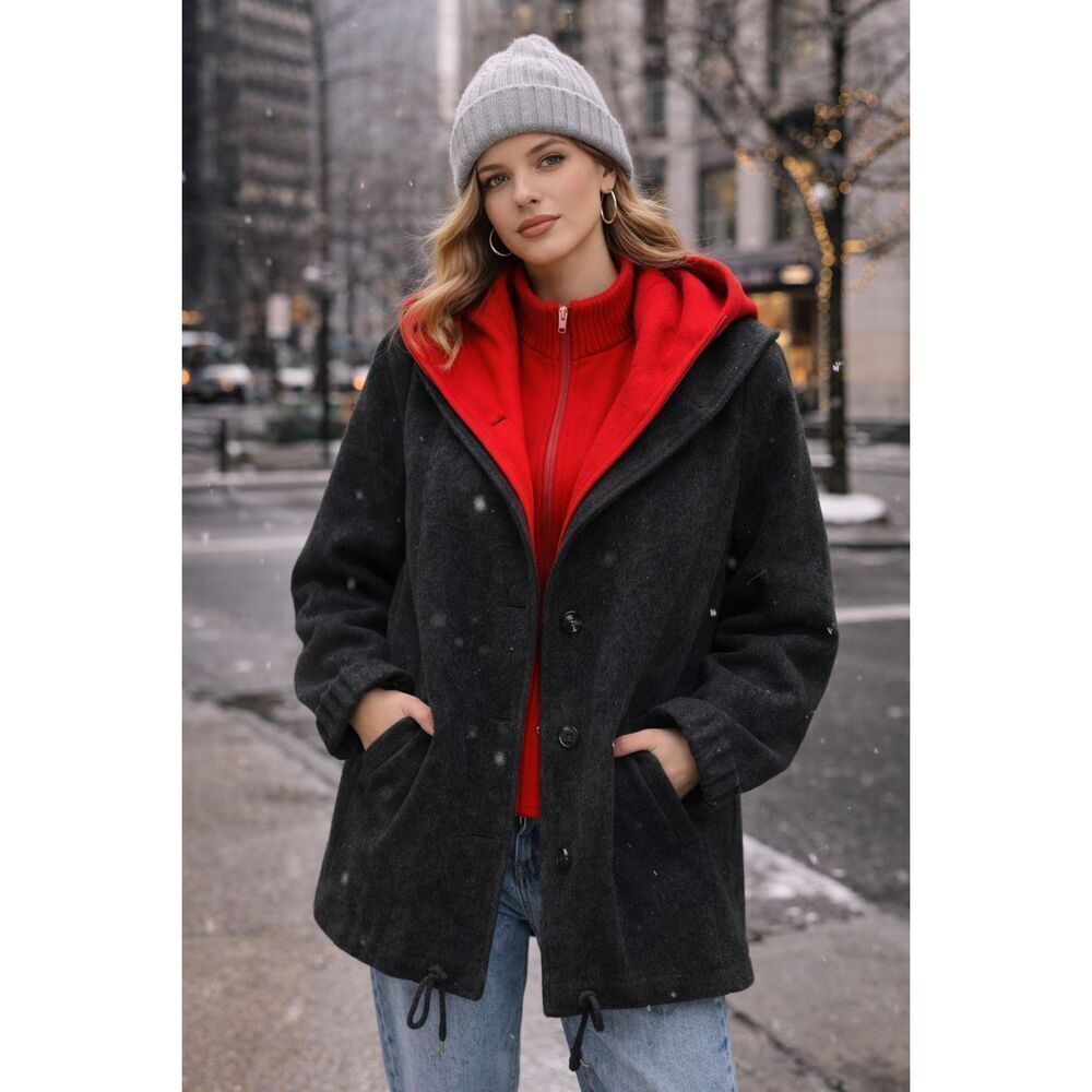 VTG Authentic Mackintosh Red & Charcoal Wool Hooded Vest Coat Layered 80s 90s 12